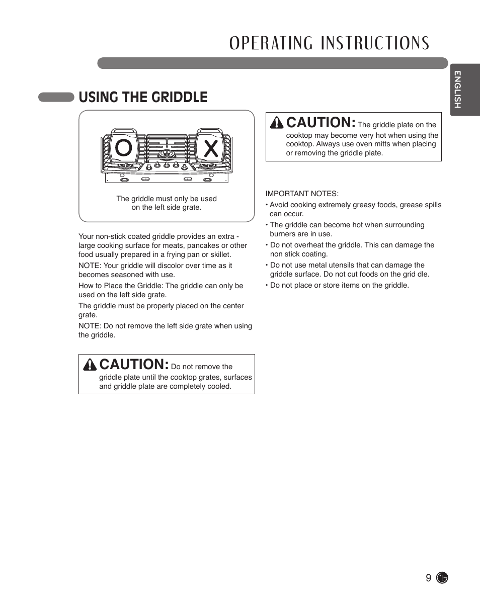 Using the griddle, Caution | LG LSCG366ST User Manual | Page 9 / 32