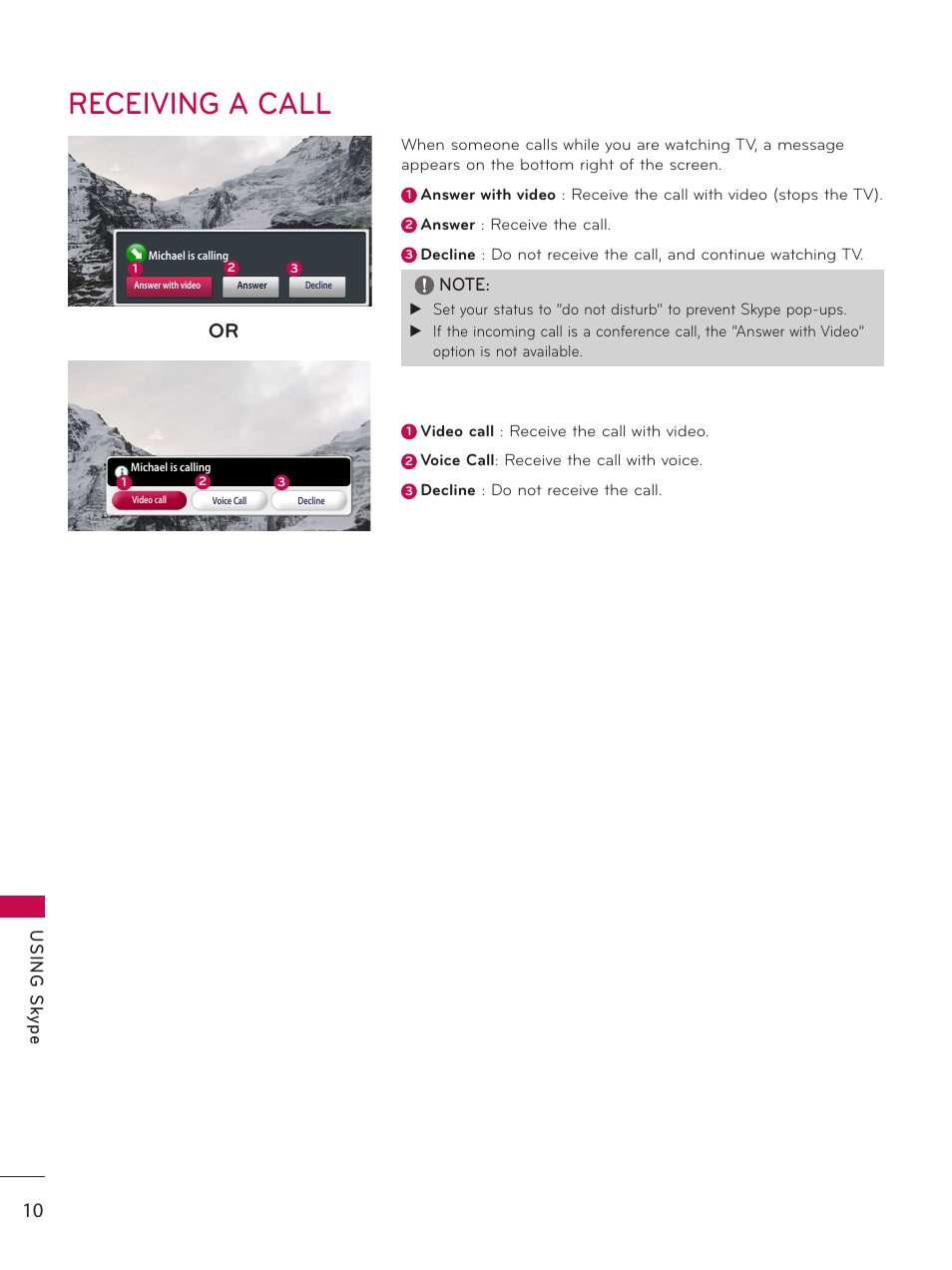 Receiving a call, Us in g s ky pe | LG AN-VC500 User Manual | Page 10 / 19