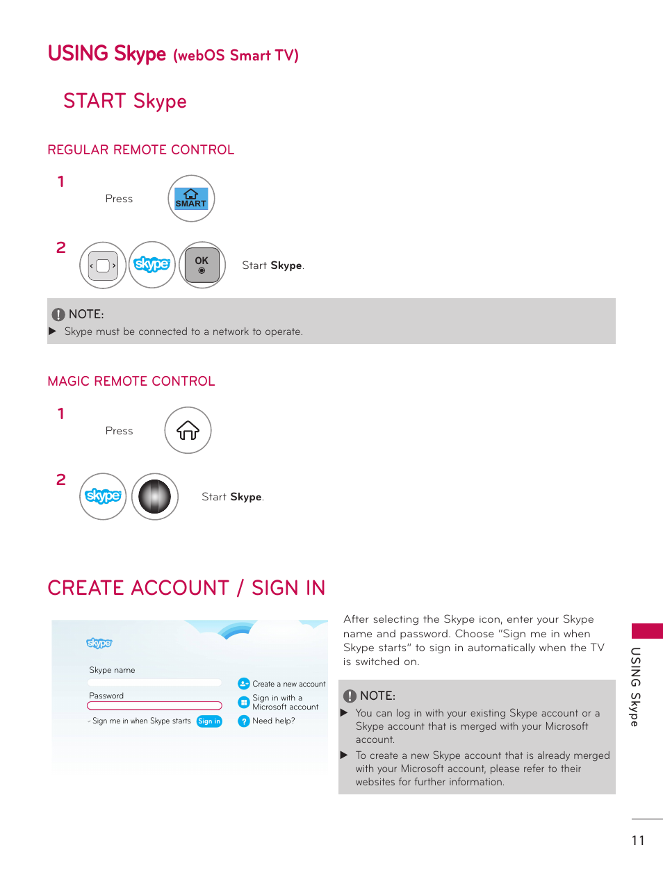 Using skype (webos smart tv), Start skype, Create account / sign in | Using skype, Webos smart tv), Start skype create account / sign in | LG AN-VC500 User Manual | Page 11 / 19