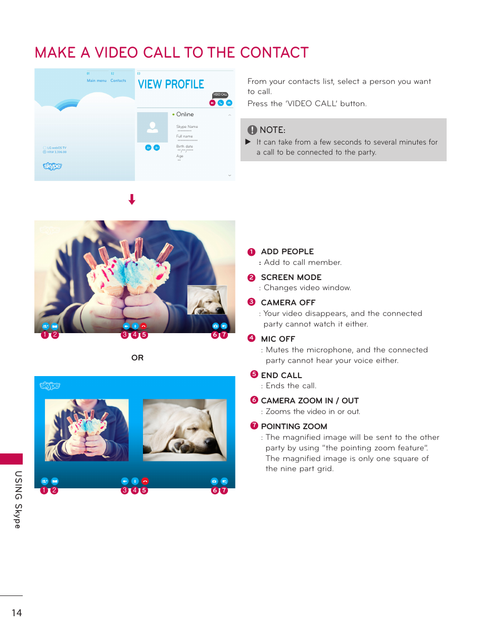 Make a video call to the contact, View profile, Us in g s ky pe | LG AN-VC500 User Manual | Page 14 / 19