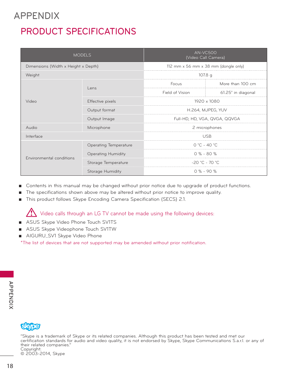Product specifications, Appendix, Ap p en d ix | LG AN-VC500 User Manual | Page 18 / 19