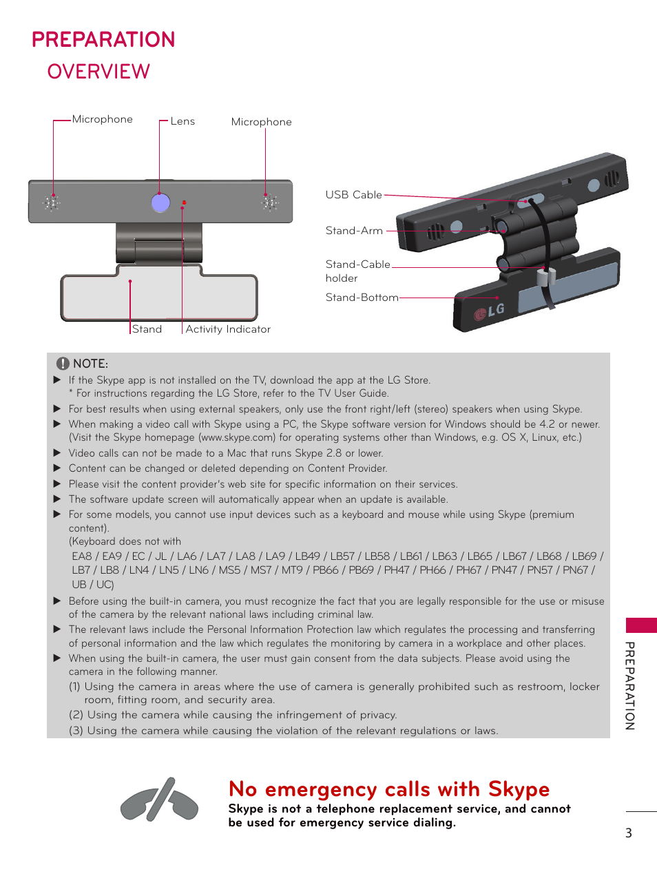 Preparation, Overview, No emergency calls with skype | LG AN-VC500 User Manual | Page 3 / 19