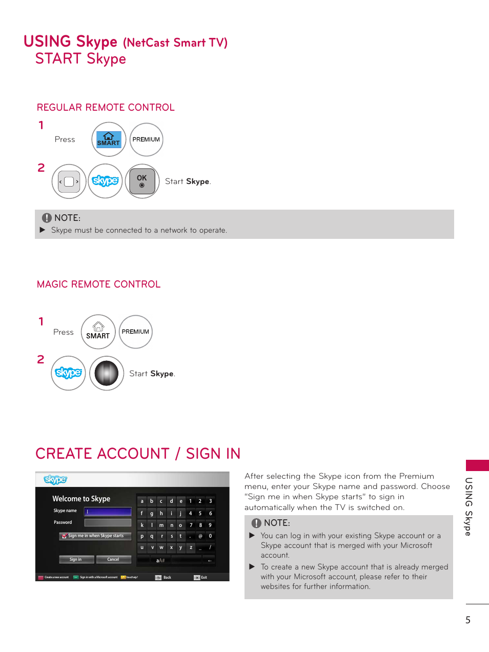 Using skype (netcast smart tv), Start skype, Create account / sign in | Using skype, Netcast smart tv), Start skype create account / sign in, Magic remote control regular remote control | LG AN-VC500 User Manual | Page 5 / 19