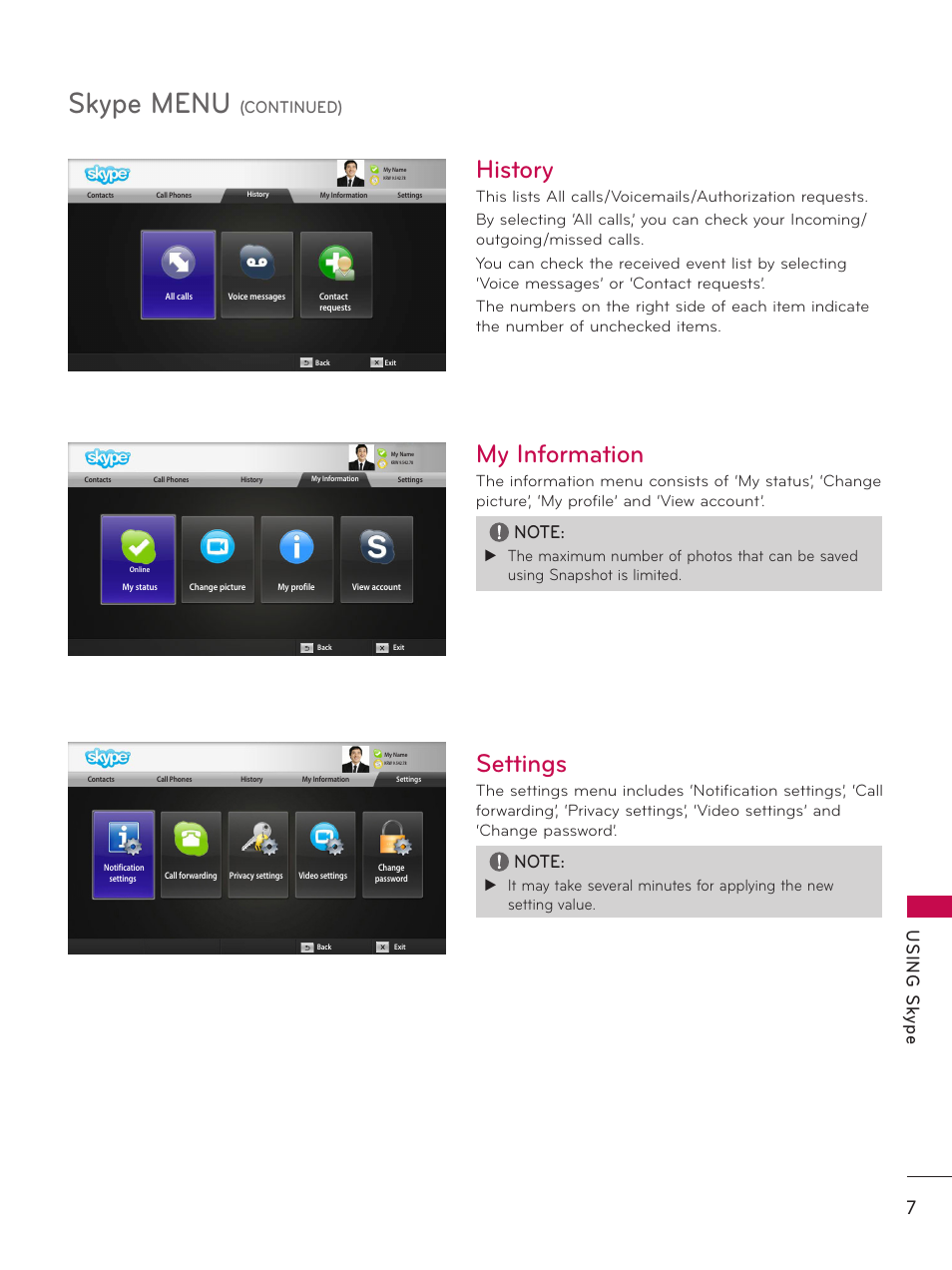 History, My information, Settings | History my information settings, Skype menu, Us in g s ky pe | LG AN-VC500 User Manual | Page 7 / 19