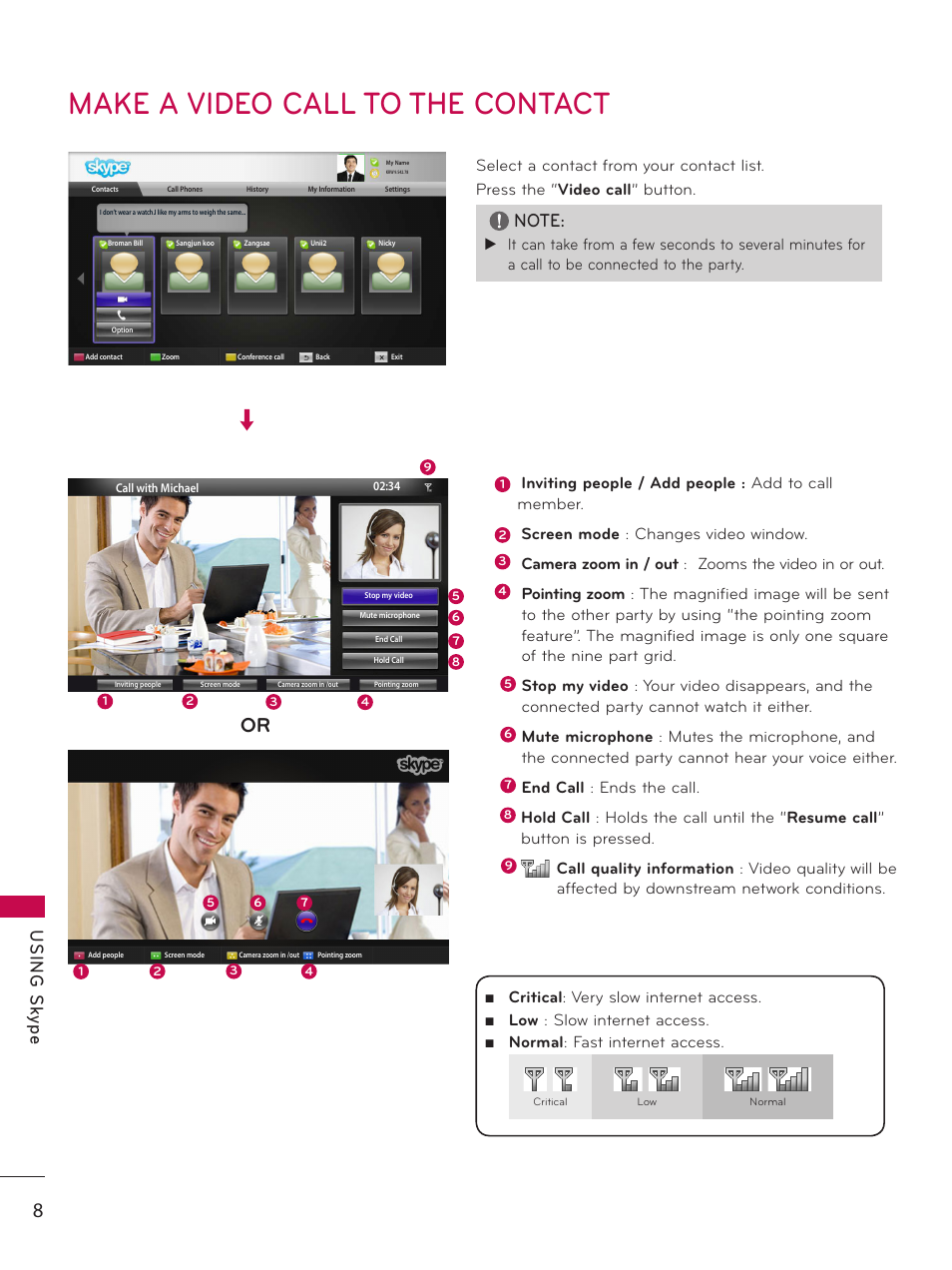 Make a video call to the contact, Us in g s ky pe | LG AN-VC500 User Manual | Page 8 / 19