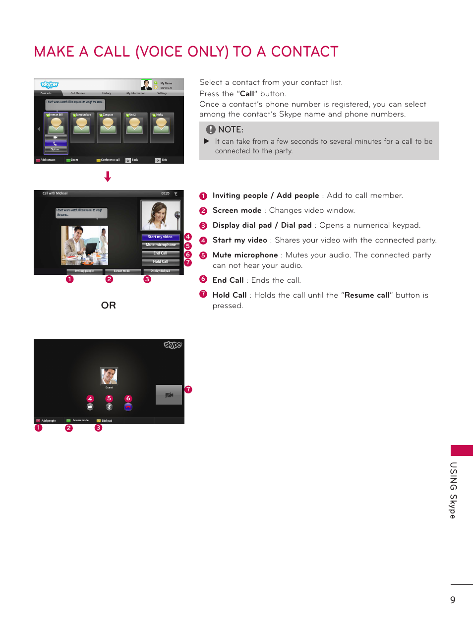 Make a call (voice only) to a contact, Us in g s ky pe | LG AN-VC500 User Manual | Page 9 / 19