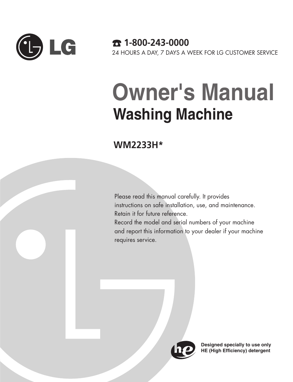 Owner's manual, Washing machine | LG WM2233HU User Manual | Page 2 / 48