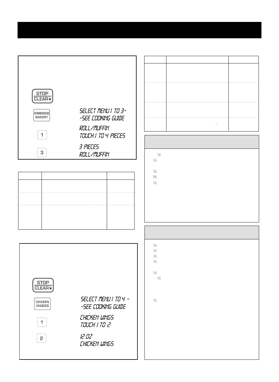 Using your microwave oven, Chicken choices, Homemade bakery | Homemade bakery table, Chicken choices table | LG LRMM1430SB User Manual | Page 14 / 27