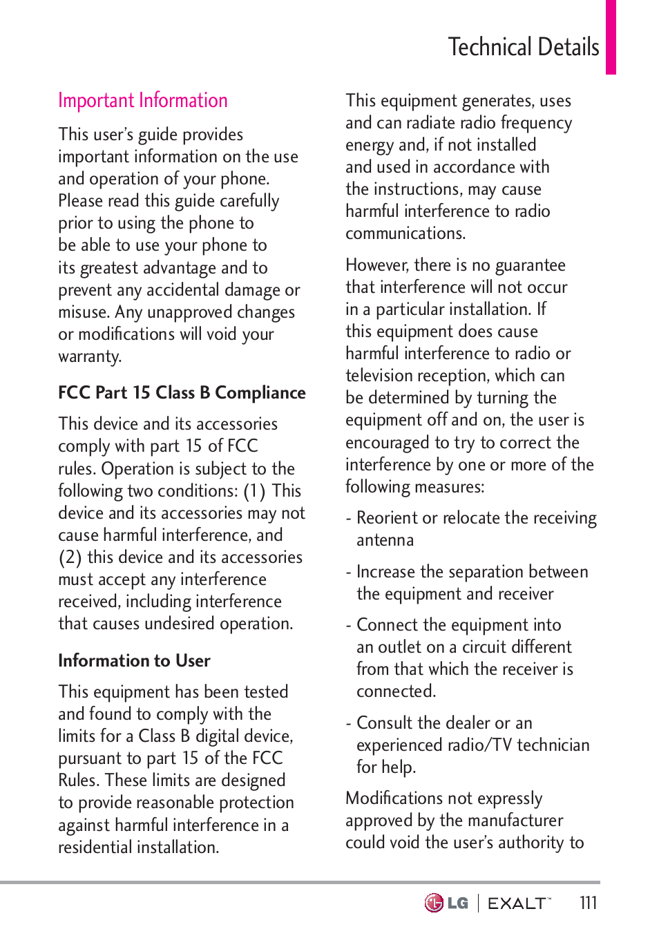 Technical details, Important information, Technical details · · · · · · · · 111 | Important information · · · · · · · · · · · · 111 | LG LGVN360 User Manual | Page 113 / 121