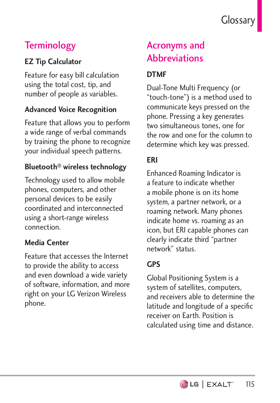 Glossary, Terminology, Acronyms and abbreviations | Glossary · · · · · · · · · · · · · · · 115, Terminology · · · · · · · · · · · · · · · · 115, Acronyms and abbreviations · · · 115 | LG LGVN360 User Manual | Page 117 / 121