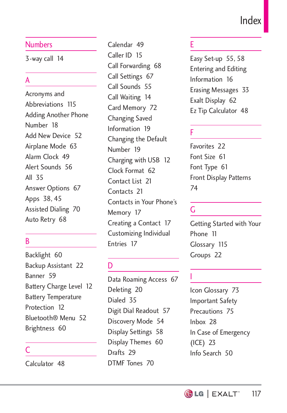 Index, Index · · · · · · · · · · · · · · · · · · 117 | LG LGVN360 User Manual | Page 119 / 121