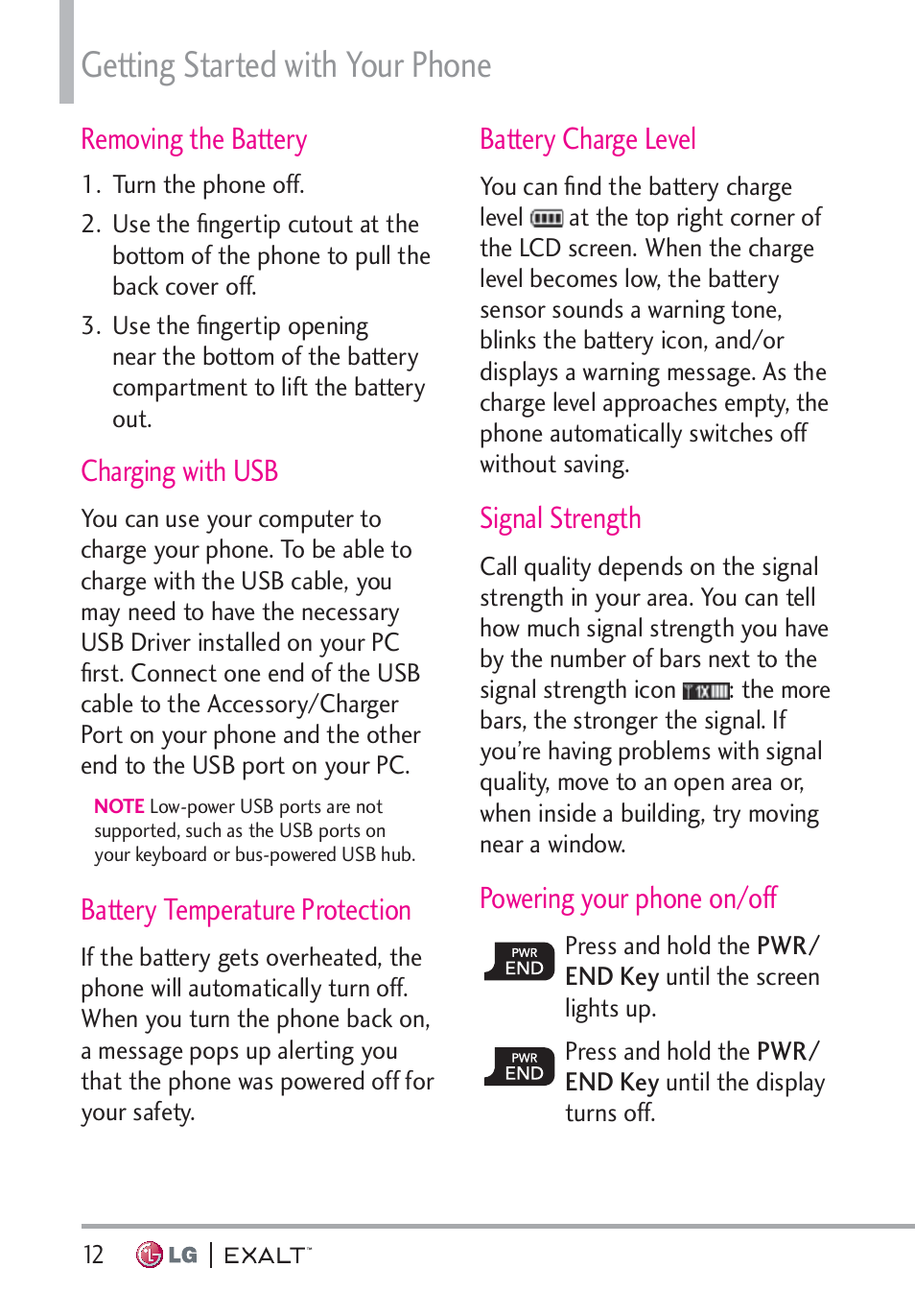 Removing the battery, Charging with usb, Battery temperature protection | Battery charge level, Signal strength, Powering your phone on/off, Removing the battery · · · · · · · · · · · · · 12, Battery temperature protection · · · · 12, Powering your phone on/off · · · · · · · · 12, Getting started with your phone | LG LGVN360 User Manual | Page 14 / 121