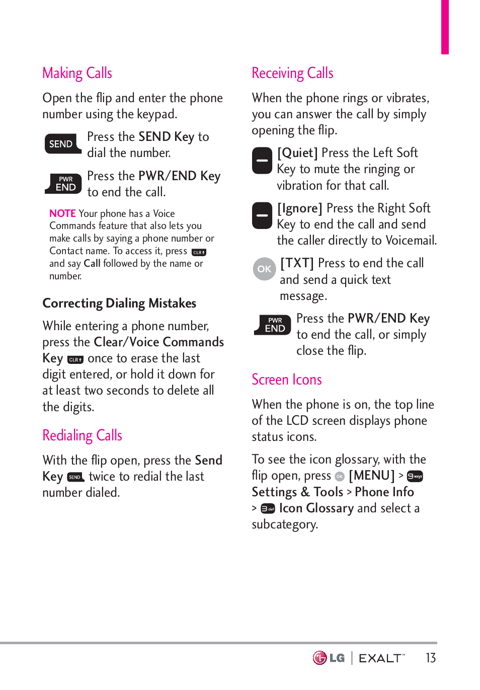 Making calls, Correcting dialing mistakes, Redialing calls | Receiving calls, Screen icons, Correcting dialing mistakes · · · · · · · ·13 | LG LGVN360 User Manual | Page 15 / 121