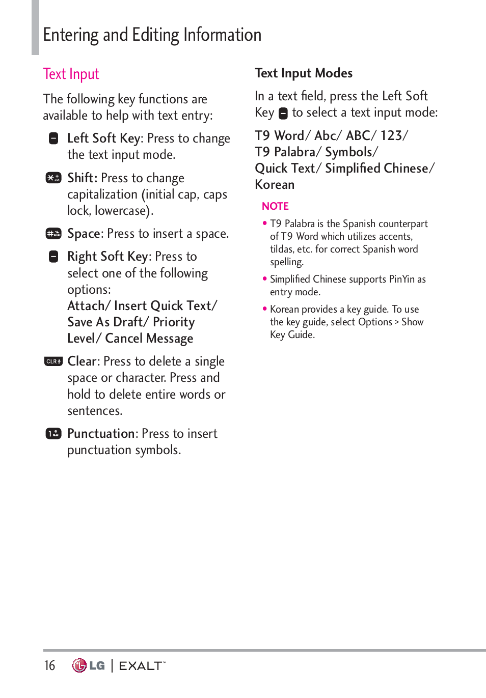 Entering and editing information, Text input, Text input modes | Text input modes · · · · · · · · · · · · · · · ·16 | LG LGVN360 User Manual | Page 18 / 121