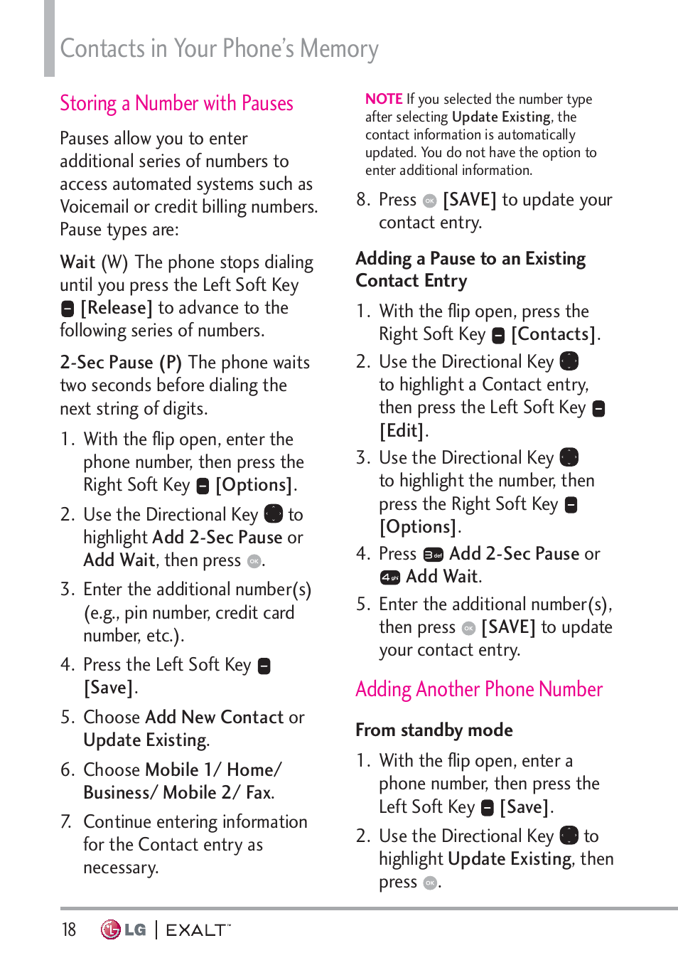 Storing a number with pauses, Adding a pause to an existing contact entry, Adding another phone number | From standby mode, Storing a number with pauses · · · · · · 18, Adding another phone number · · · · · 18, From standby mode · · · · · · · · · · · · · ·18 | LG LGVN360 User Manual | Page 20 / 121