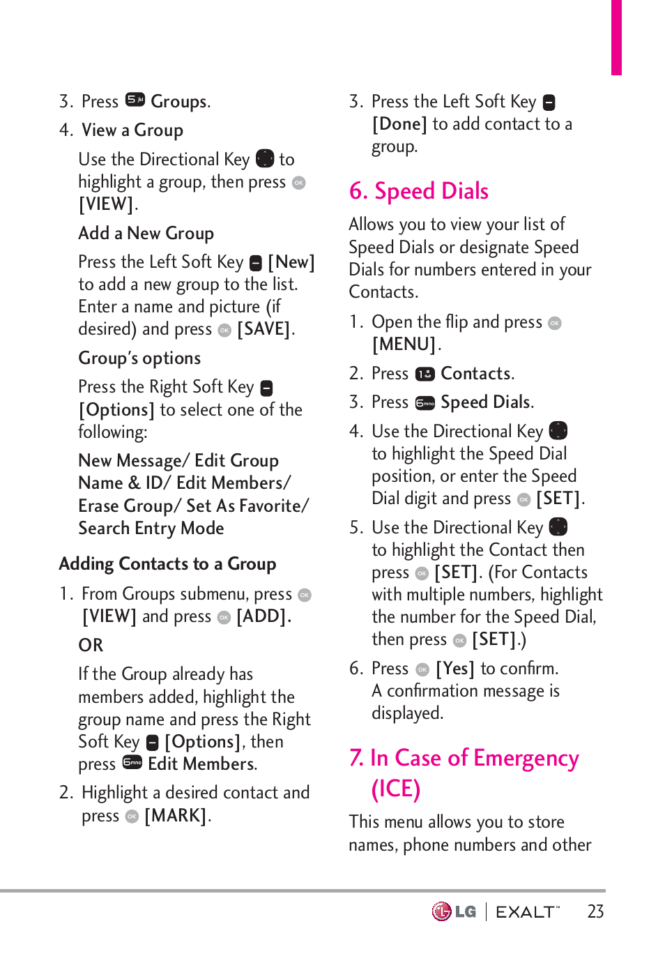 Adding contacts to a group, Speed dials, in case of emergency (ice) | Adding contacts to a group · · · · · · ·23, Speed dials · · · · · · · · · · · · · · · ·23, In case of emergency (ice) · · ·23 | LG LGVN360 User Manual | Page 25 / 121