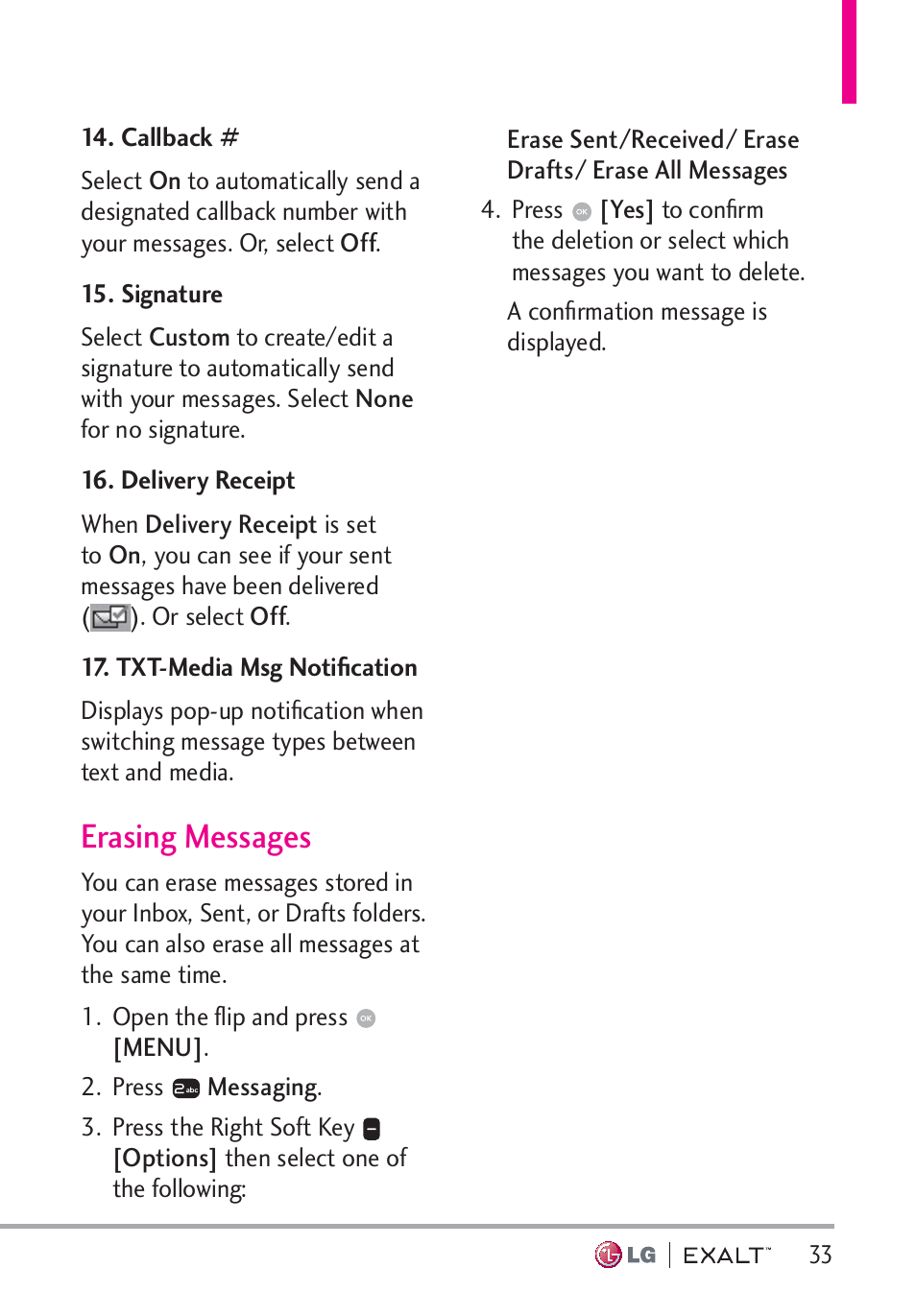 Erasing messages, Erasing messages · · · · · · · · · · · · · · 33 | LG LGVN360 User Manual | Page 35 / 121