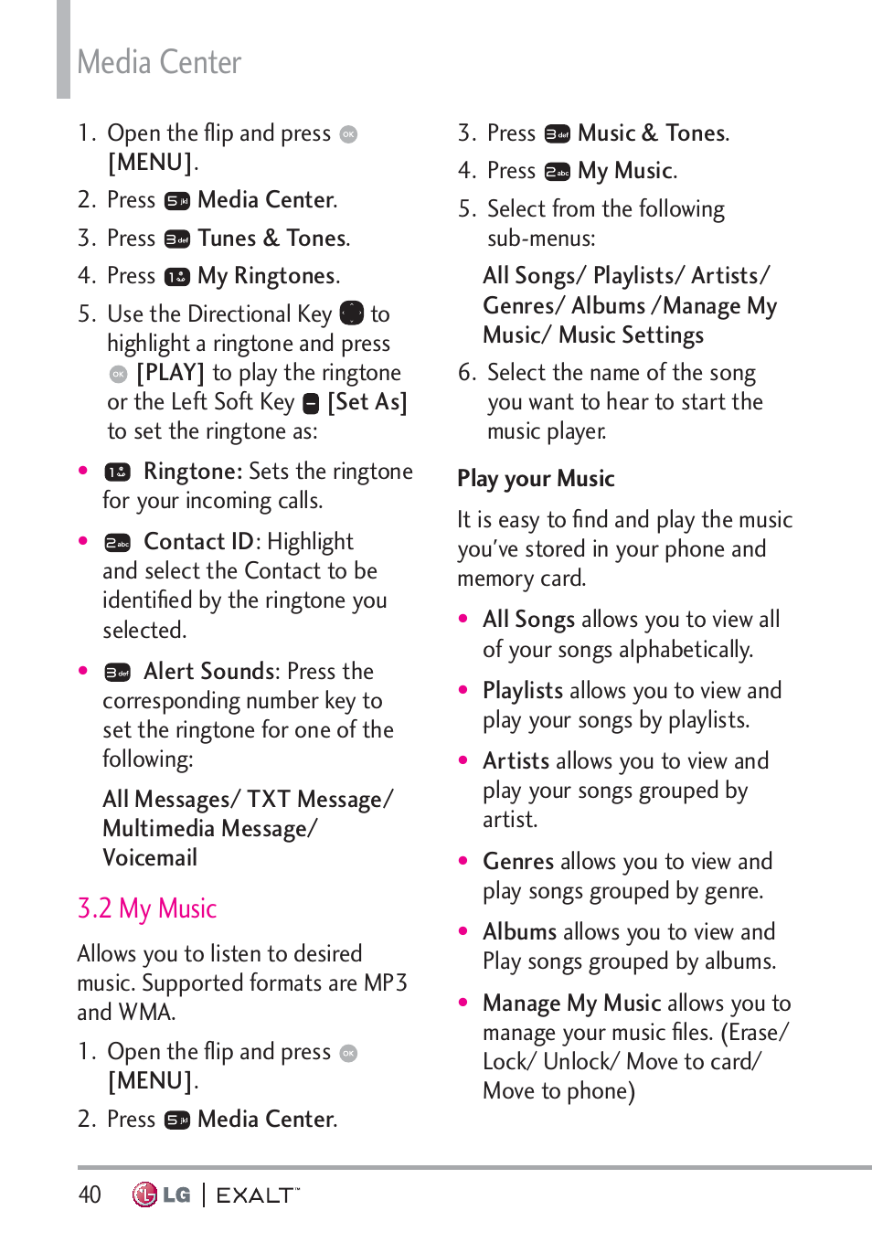 2 my music, Media center | LG LGVN360 User Manual | Page 42 / 121