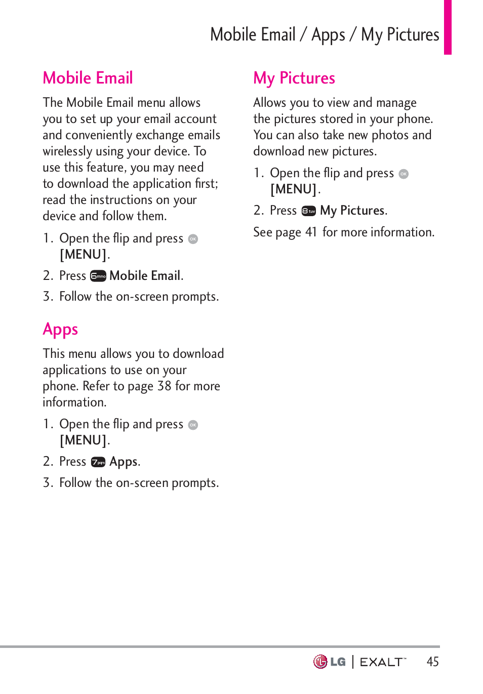 Mobile email / apps / my pictures, Apps, Mobile email | My pictures, Mobile email · · · · · · · · · · · · · · · · ·45, My pictures · · · · · · · · · · · · · · · · · ·45 | LG LGVN360 User Manual | Page 47 / 121