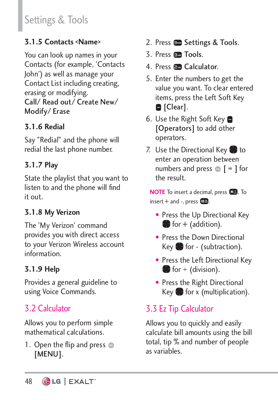 5 contacts <name, 6 redial, 7 play | 8 my verizon, 9 help, 2 calculator, 3 ez tip calculator, 5 contacts <name> · · · · · · · · · · 48, 8 my verizon · · · · · · · · · · · · · · · 48, 3 ez tip calculator · · · · · · · · · · · · · ·48 | LG LGVN360 User Manual | Page 50 / 121