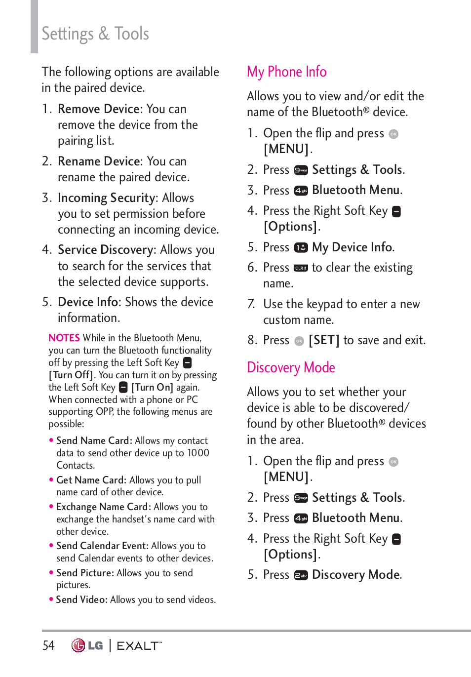 Discovery mode, My phone info, Settings & tools | LG LGVN360 User Manual | Page 56 / 121