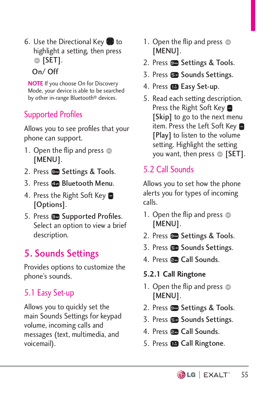 Supported profiles, Sounds settings, 1 easy set-up | 2 call sounds, 1 call ringtone, Sounds settings · · · · · · · · · · · ·55, 1 call ringtone · · · · · · · · · · · · · ·55, Supported proﬁles | LG LGVN360 User Manual | Page 57 / 121