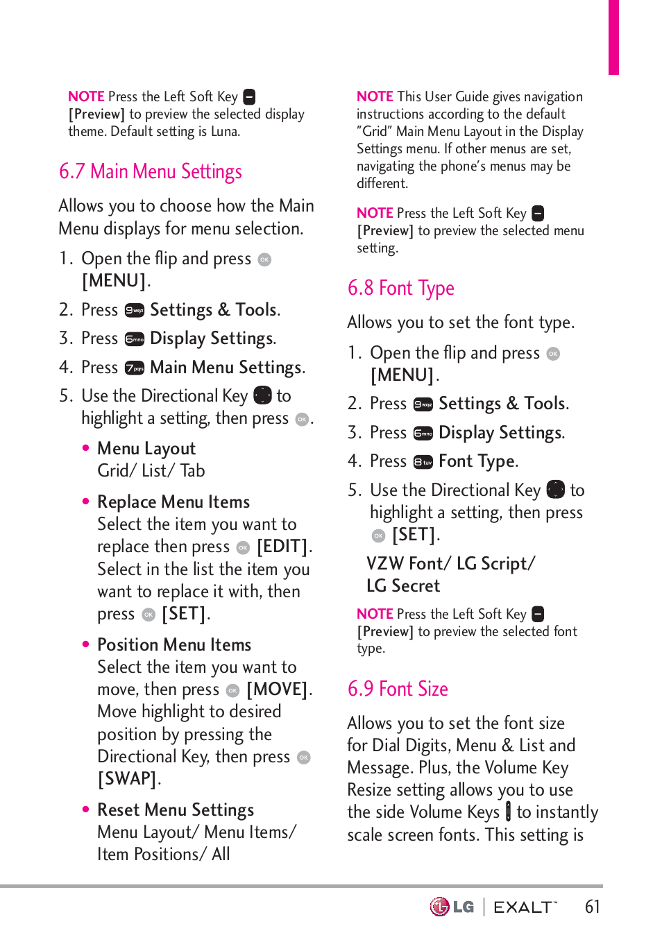 7 main menu settings, 8 font type, 9 font size | 7 main menu settings · · · · · · · · · · · 61 | LG LGVN360 User Manual | Page 63 / 121