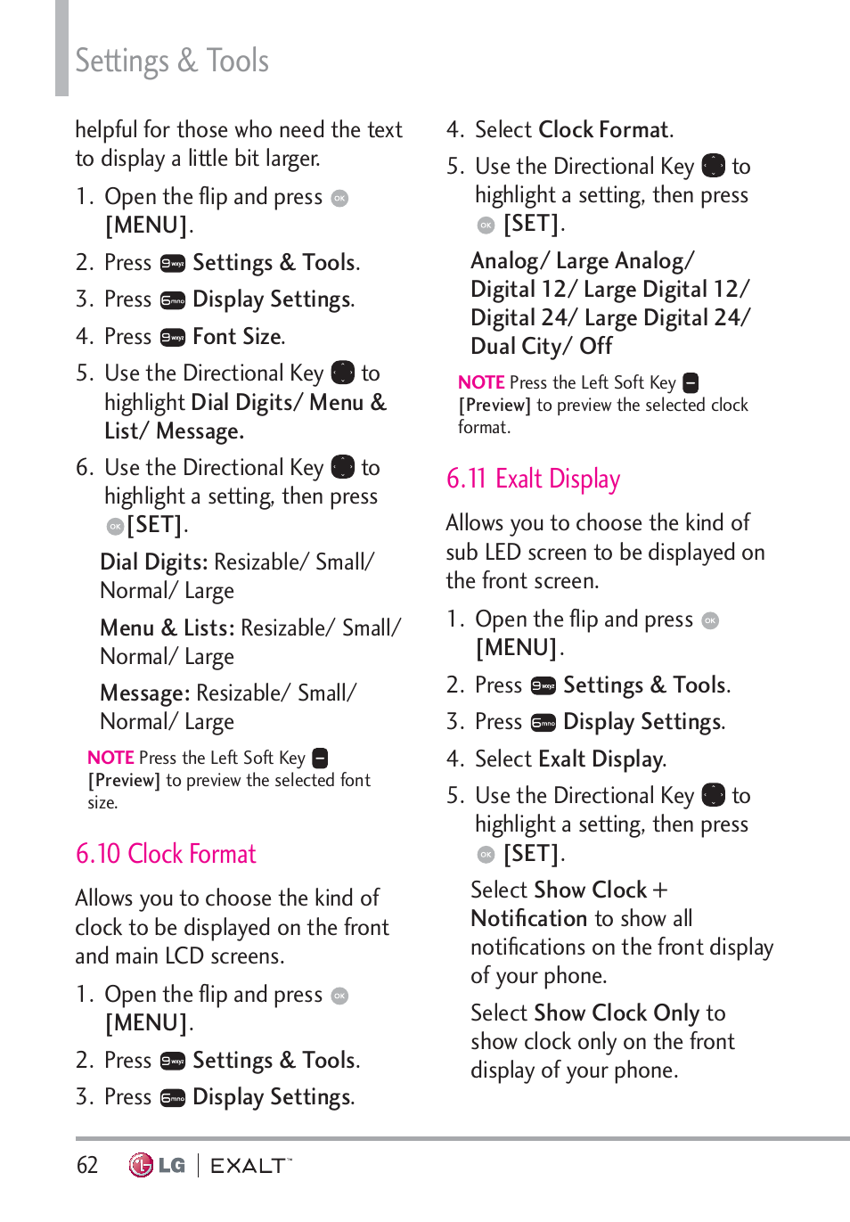 10 clock format, 11 exalt display, 10 clock format · · · · · · · · · · · · · · · · 62 | Settings & tools | LG LGVN360 User Manual | Page 64 / 121