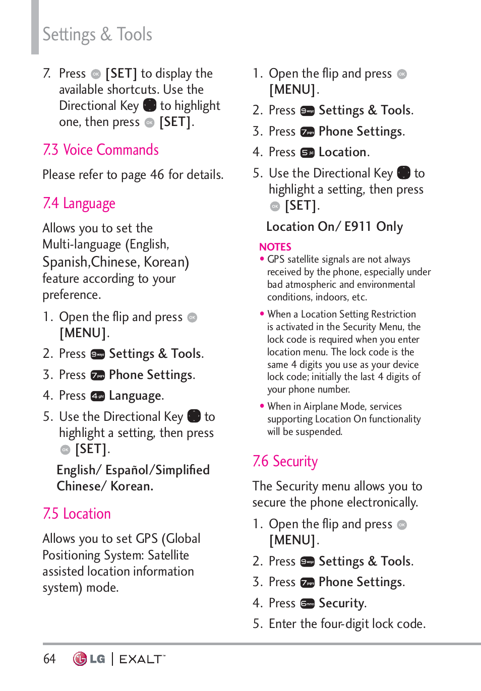 3 voice commands, 4 language, 5 location | 6 security, 3 voice commands · · · · · · · · · · · · · ·64, Settings & tools | LG LGVN360 User Manual | Page 66 / 121