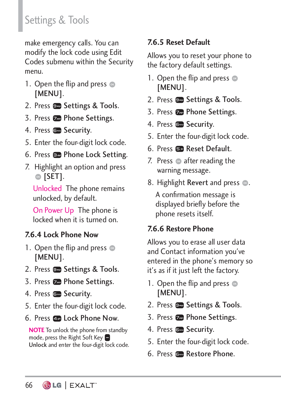 4 lock phone now, 5 reset default, 6 restore phone | 4 lock phone now · · · · · · · · · · · 66, 5 reset default · · · · · · · · · · · · · 66, 6 restore phone · · · · · · · · · · · · · 66, Settings & tools | LG LGVN360 User Manual | Page 68 / 121