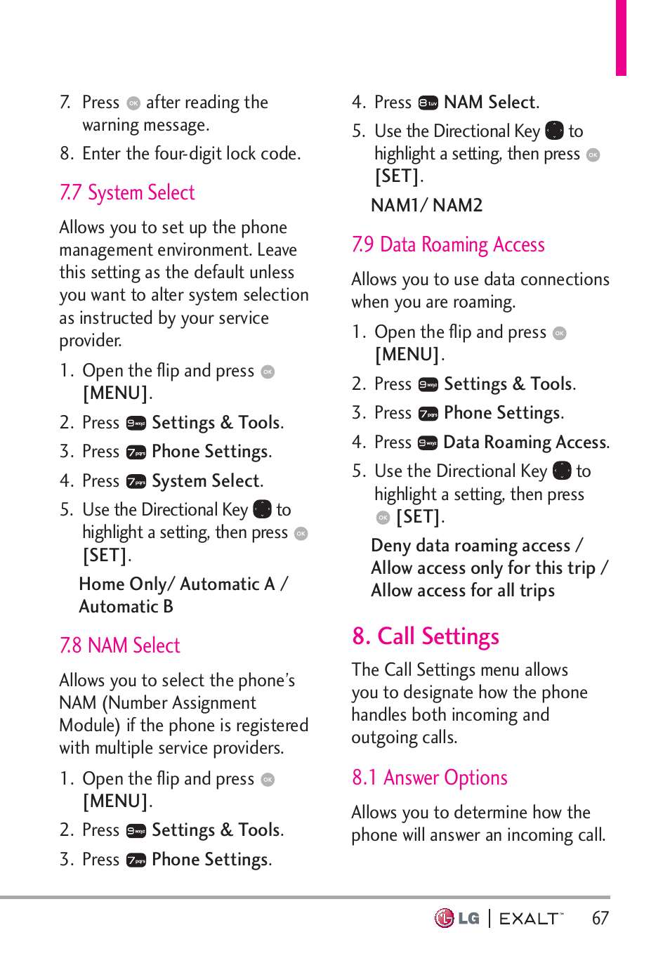 7 system select, 8 nam select, 9 data roaming access | Call settings, 1 answer options, 9 data roaming access · · · · · · · · · · 67, Call settings · · · · · · · · · · · · · · · 67, 1 answer options · · · · · · · · · · · · · · · 67 | LG LGVN360 User Manual | Page 69 / 121