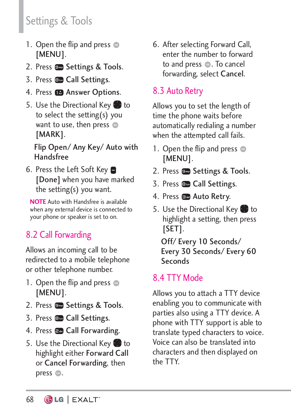 2 call forwarding, 3 auto retry, 4 tty mode | 2 call forwarding · · · · · · · · · · · · · · ·68, 4 tty mode · · · · · · · · · · · · · · · · · · ·68, Settings & tools | LG LGVN360 User Manual | Page 70 / 121