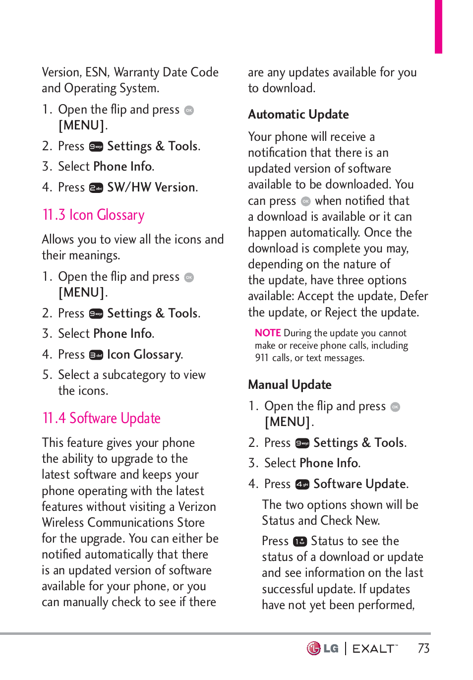 3 icon glossary, 4 software update, 3 icon glossary · · · · · · · · · · · · · · · · 73 | 4 software update · · · · · · · · · · · · · 73 | LG LGVN360 User Manual | Page 75 / 121