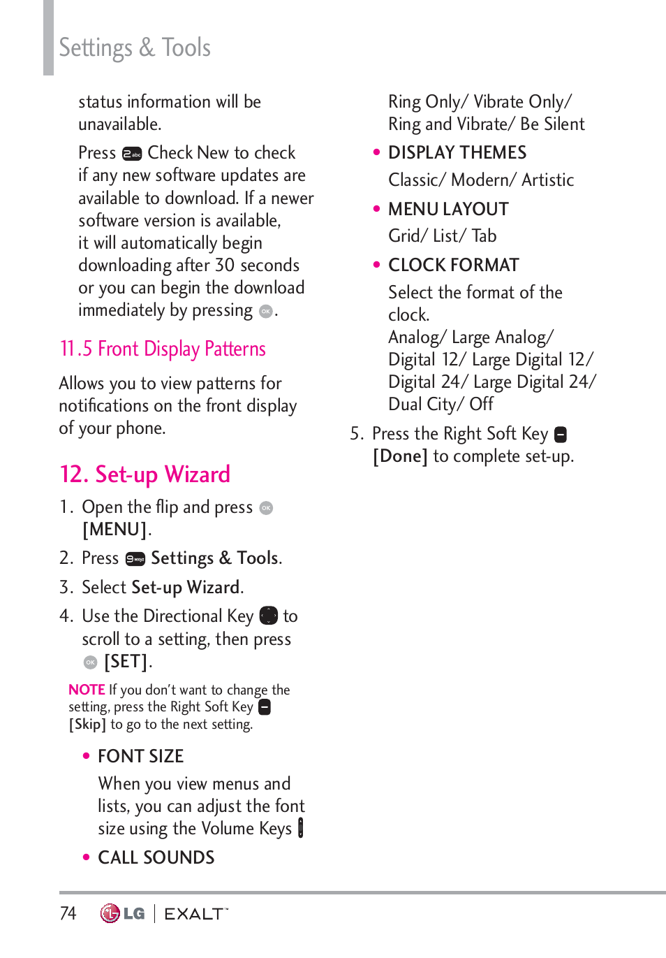 5 front display patterns, Set-up wizard, 5 front display patterns · · · · · · · · · 74 | Set-up wizard · · · · · · · · · · · · · 74, Settings & tools | LG LGVN360 User Manual | Page 76 / 121