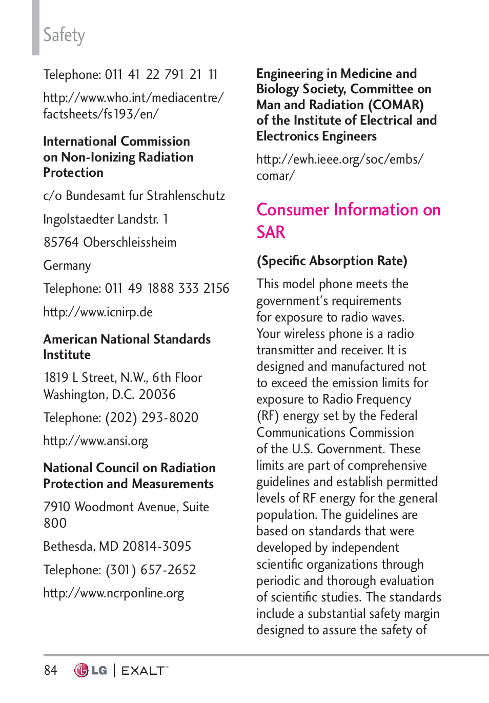 Consumer information on sar, Consumer information on sar · ·84, Safety | LG LGVN360 User Manual | Page 86 / 121