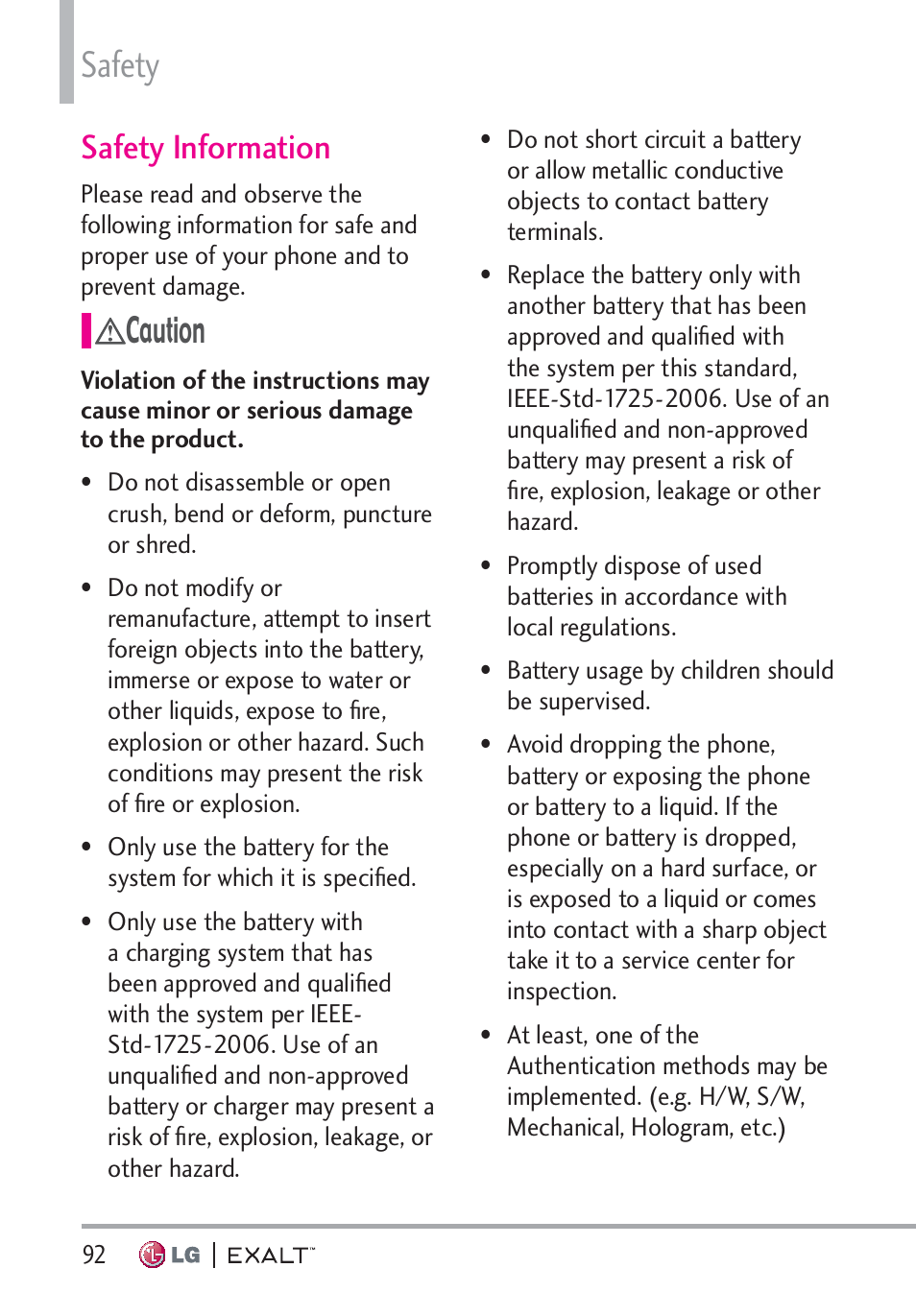 Safety information, Safety information · · · · · · · · · · · ·92, Safety | Caution | LG LGVN360 User Manual | Page 94 / 121