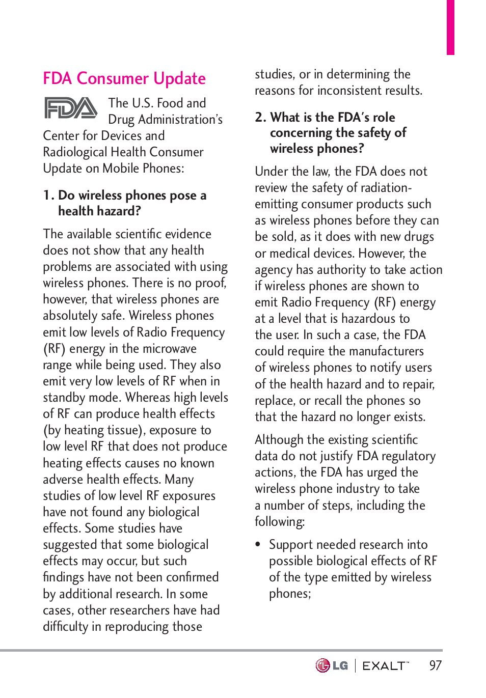 Fda consumer update, Fda consumer update · · · · · · · · · 97 | LG LGVN360 User Manual | Page 99 / 121