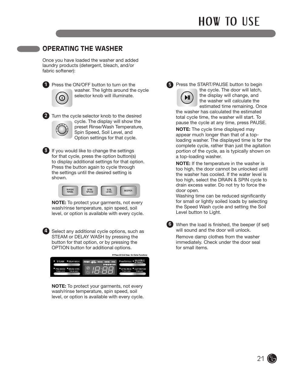 H o w to u s e, Operating the washer | LG WM2801HRA User Manual | Page 21 / 116