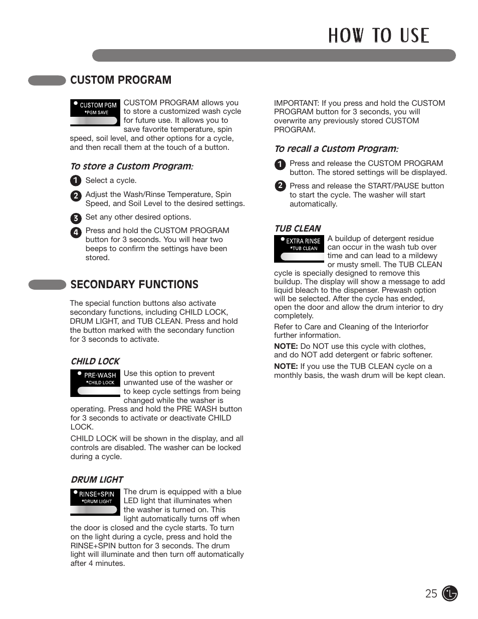 H o w to u s e, Secondary functions, Custom program | LG WM2801HRA User Manual | Page 25 / 116