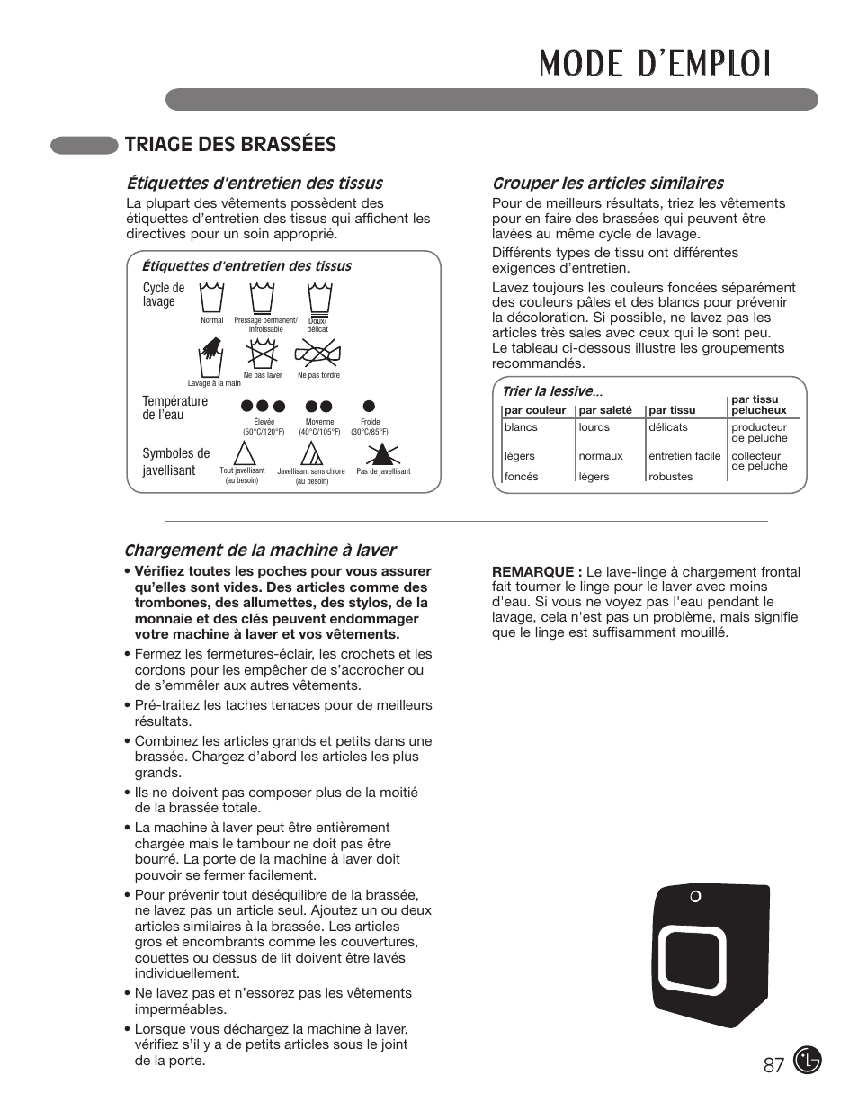 Triage des brassées | LG WM2801HRA User Manual | Page 87 / 116