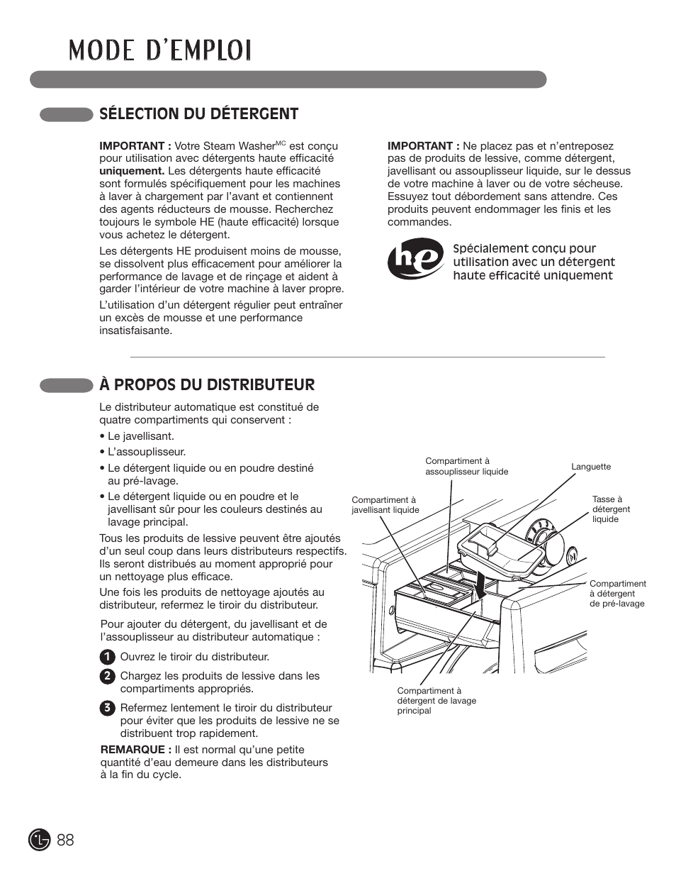 Sélection du détergent à propos du distributeur | LG WM2801HRA User Manual | Page 88 / 116
