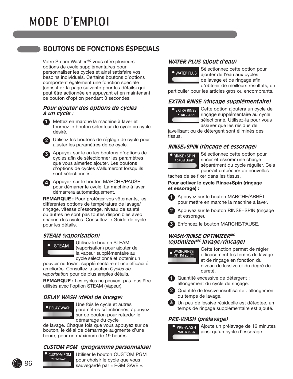 Boutons de fonctions éspecials | LG WM2801HRA User Manual | Page 96 / 116