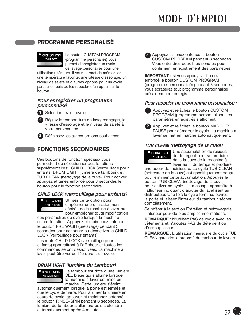 Fonctions secondaires, Programme personalisé | LG WM2801HRA User Manual | Page 97 / 116