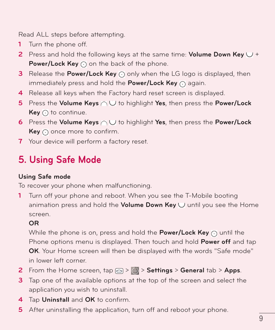 Using safe mode | LG LGD851TN User Manual | Page 10 / 145