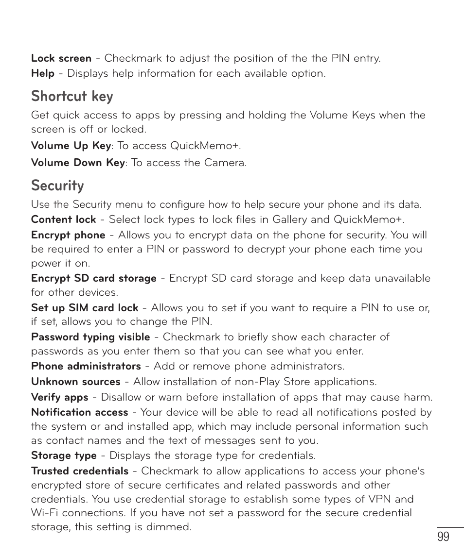 Shortcut key, Security | LG LGD851TN User Manual | Page 100 / 145