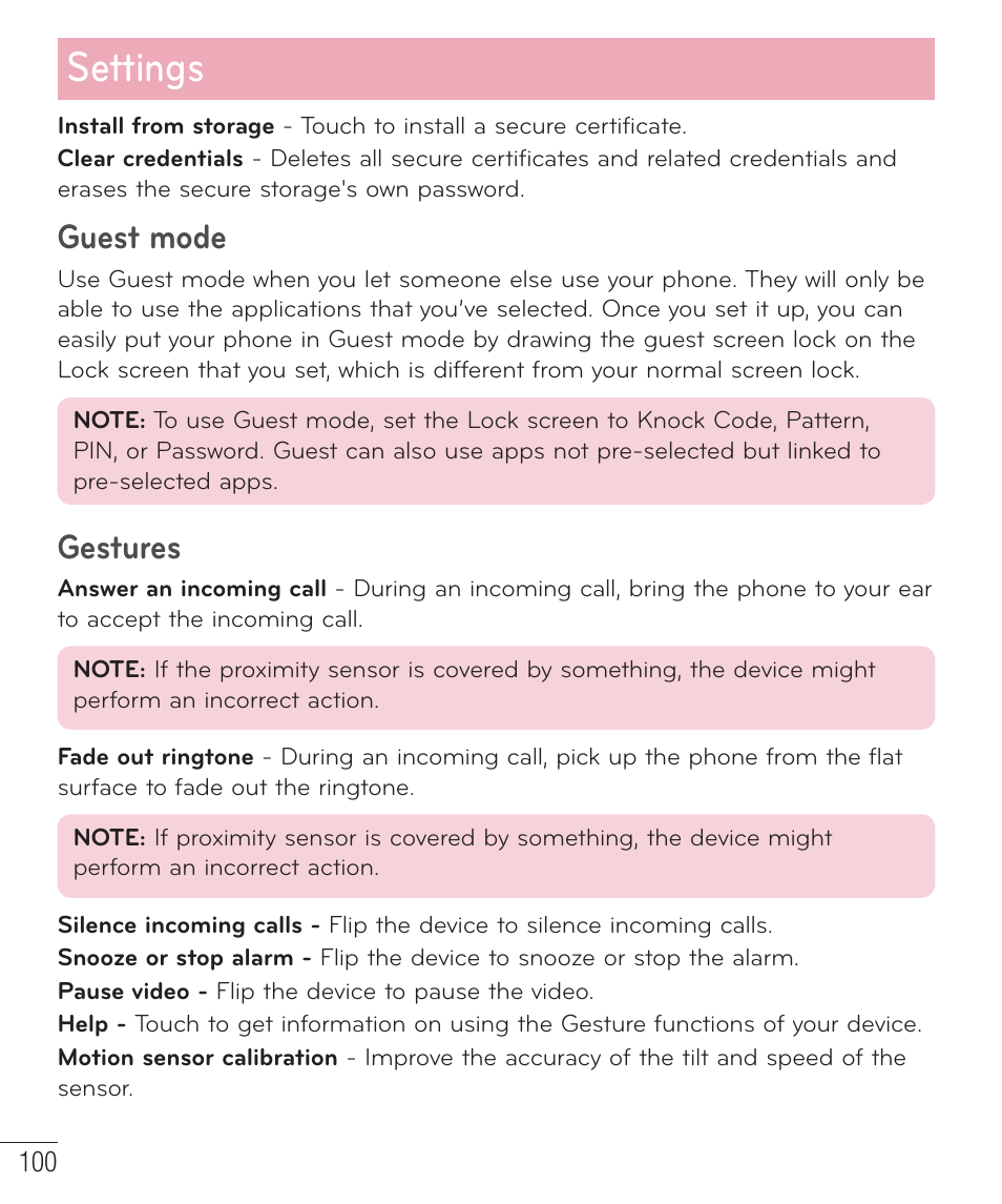Settings, Guest mode, Gestures | LG LGD851TN User Manual | Page 101 / 145