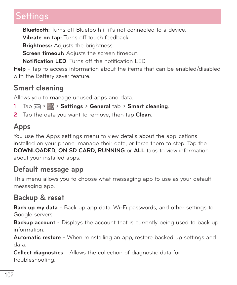 Settings, Smart cleaning, Apps | Default message app, Backup & reset | LG LGD851TN User Manual | Page 103 / 145