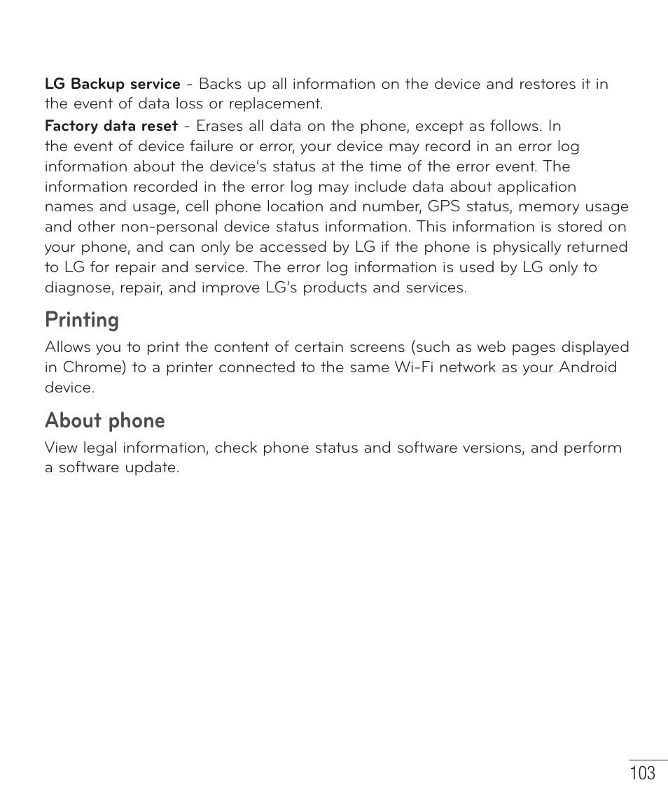 Printing, About phone | LG LGD851TN User Manual | Page 104 / 145