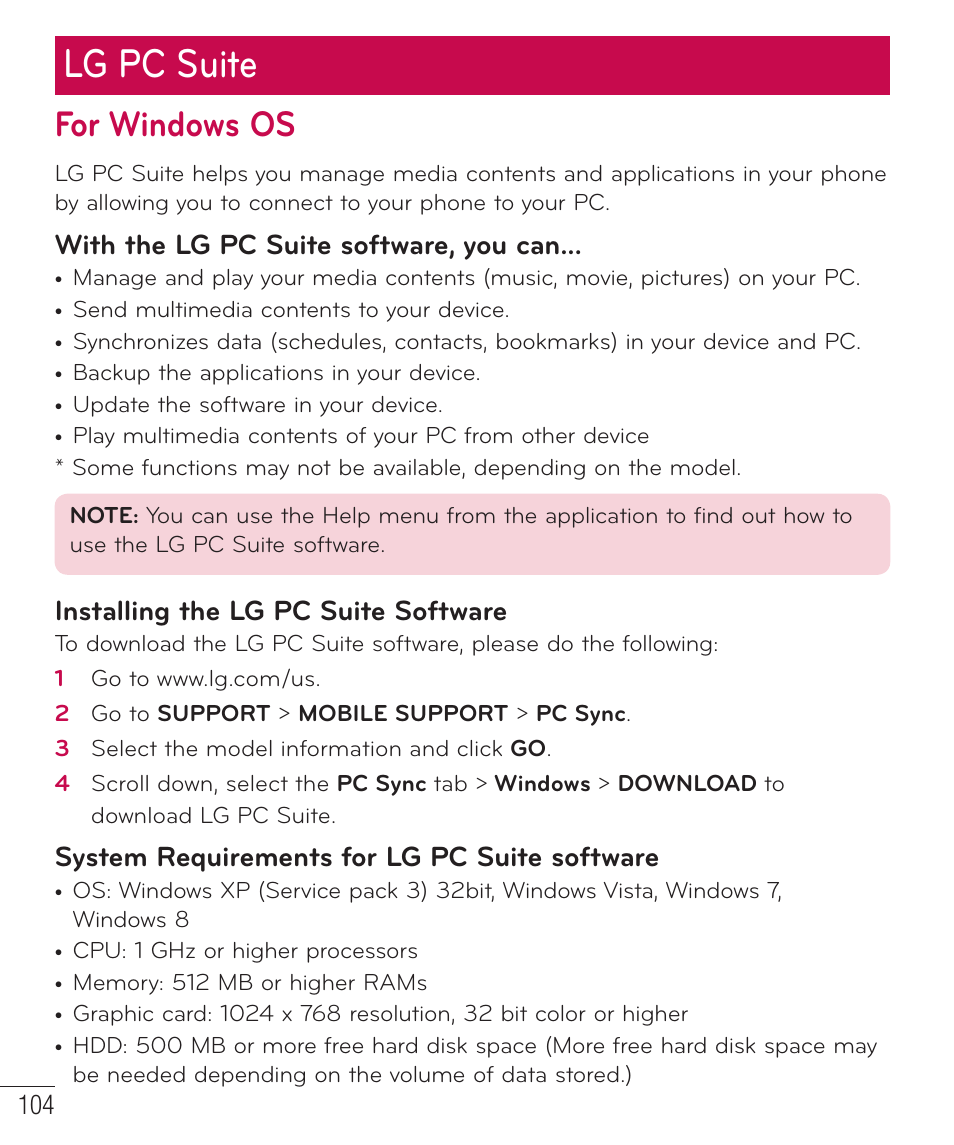 Lg pc suite, For windows os, With the lg pc suite software, you can | Installing the lg pc suite software, System requirements for lg pc suite software | LG LGD851TN User Manual | Page 105 / 145