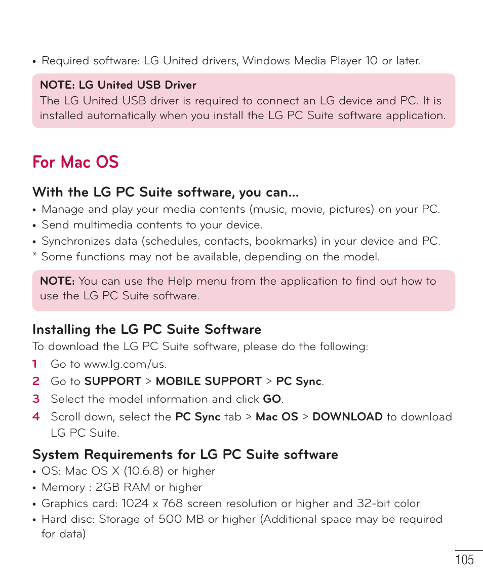 For mac os, With the lg pc suite software, you can, Installing the lg pc suite software | System requirements for lg pc suite software | LG LGD851TN User Manual | Page 106 / 145